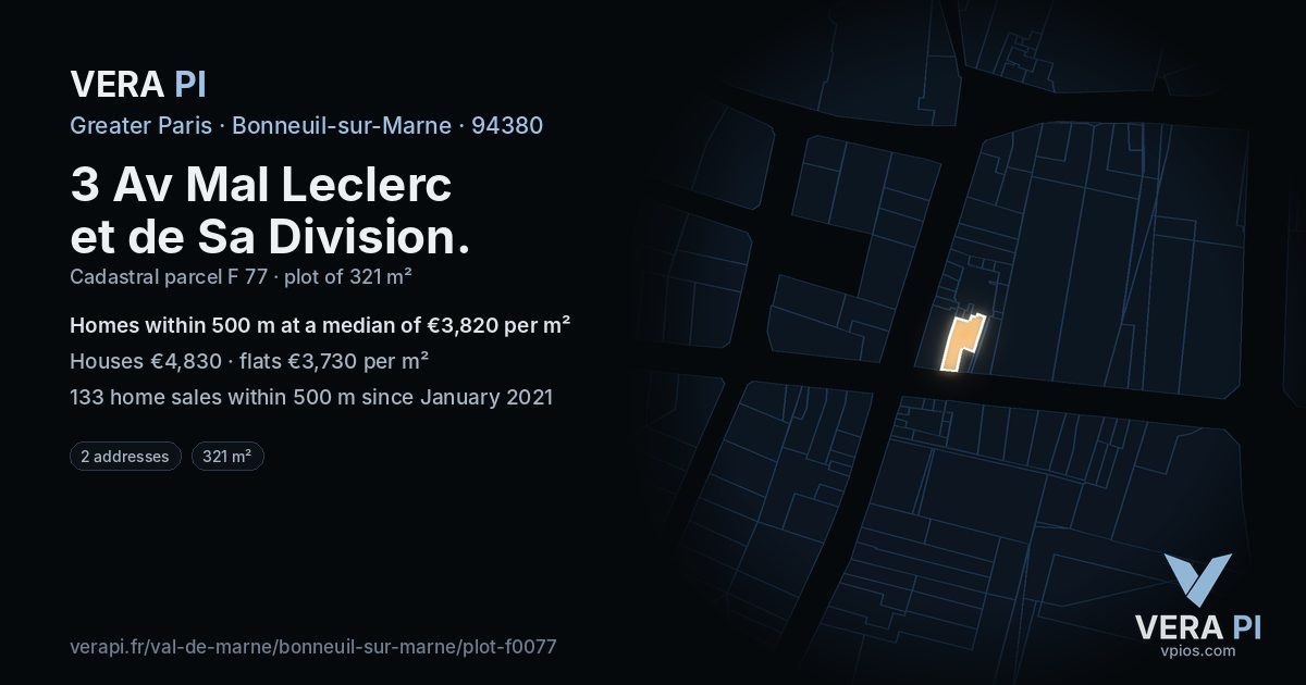 3 Av Mal Leclerc et de Sa Division, Bonneuil-sur-Marne at night – the plot lit, the parcels around coloured by the prices near them