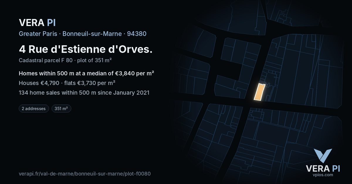 4 Rue d'Estienne d'Orves, Bonneuil-sur-Marne at night – the plot lit, the parcels around coloured by the prices near them