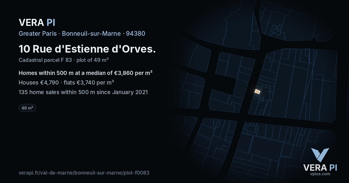 10 Rue d'Estienne d'Orves, Bonneuil-sur-Marne at night – the plot lit, the parcels around coloured by the prices near them