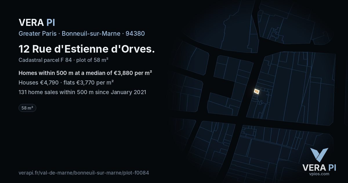 12 Rue d'Estienne d'Orves, Bonneuil-sur-Marne at night – the plot lit, the parcels around coloured by the prices near them