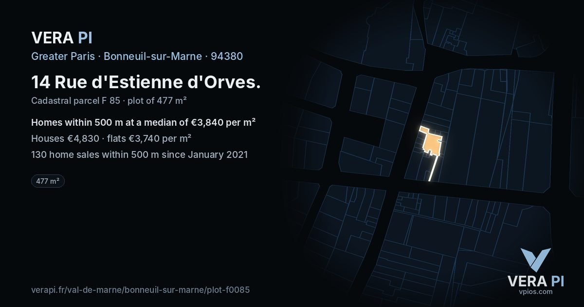 14 Rue d'Estienne d'Orves, Bonneuil-sur-Marne at night – the plot lit, the parcels around coloured by the prices near them