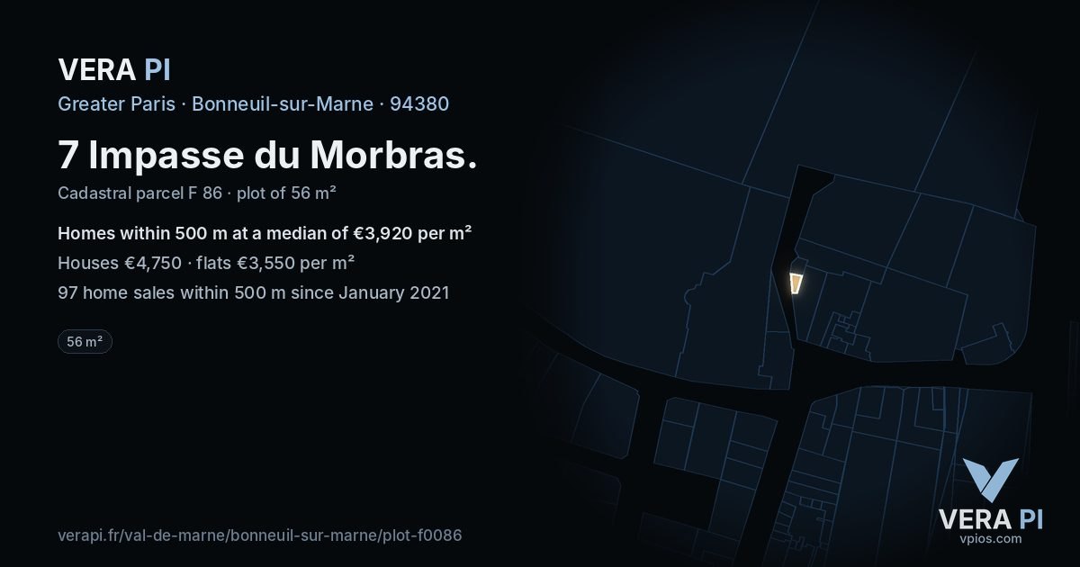 7 Impasse du Morbras, Bonneuil-sur-Marne at night – the plot lit, the parcels around coloured by the prices near them