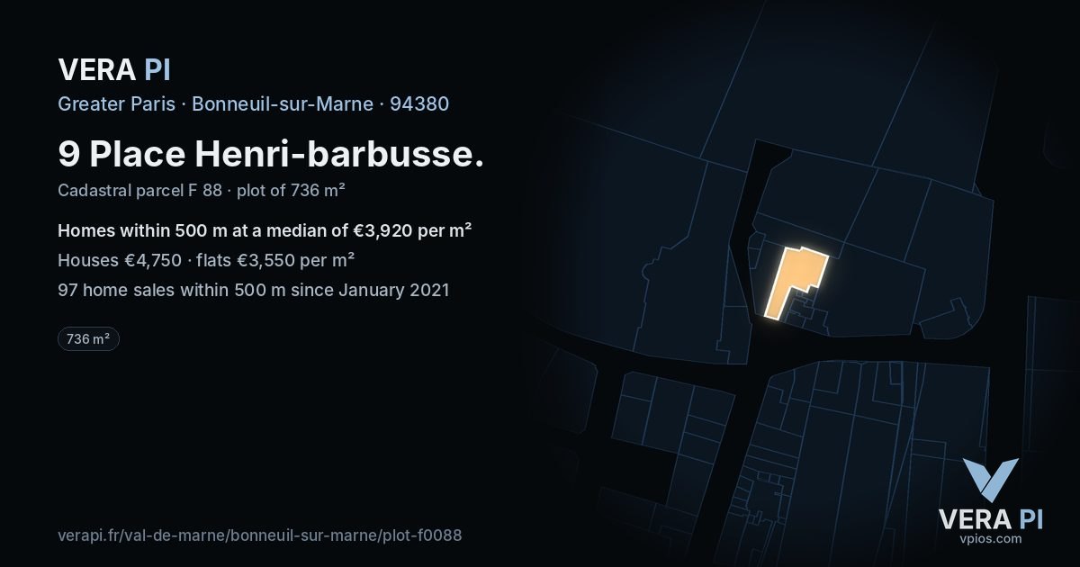 9 Place Henri-barbusse, Bonneuil-sur-Marne at night – the plot lit, the parcels around coloured by the prices near them
