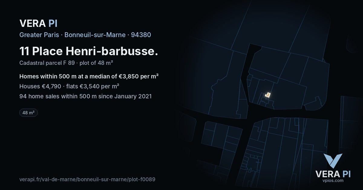 11 Place Henri-barbusse, Bonneuil-sur-Marne at night – the plot lit, the parcels around coloured by the prices near them