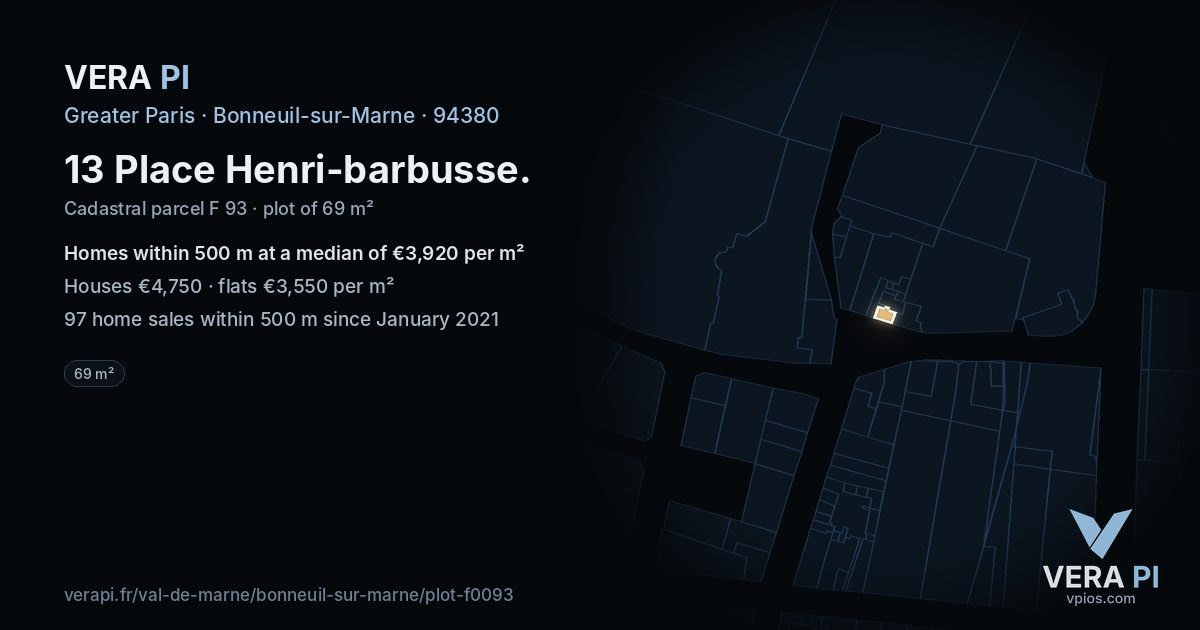 13 Place Henri-barbusse, Bonneuil-sur-Marne at night – the plot lit, the parcels around coloured by the prices near them