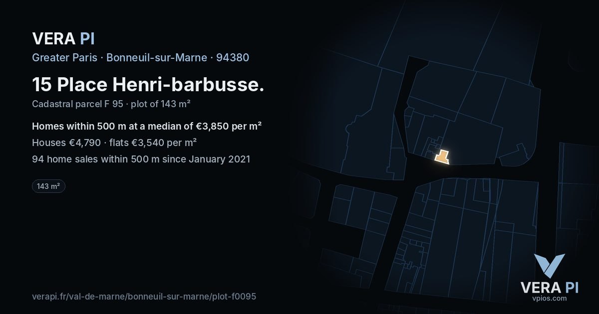15 Place Henri-barbusse, Bonneuil-sur-Marne at night – the plot lit, the parcels around coloured by the prices near them