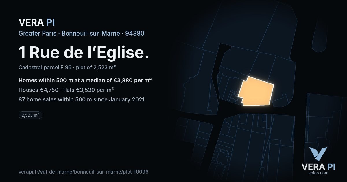 1 Rue de l’Eglise, Bonneuil-sur-Marne at night – the plot lit, the parcels around coloured by the prices near them