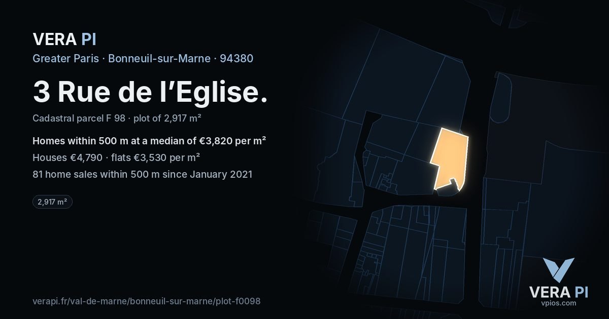 3 Rue de l’Eglise, Bonneuil-sur-Marne at night – the plot lit, the parcels around coloured by the prices near them