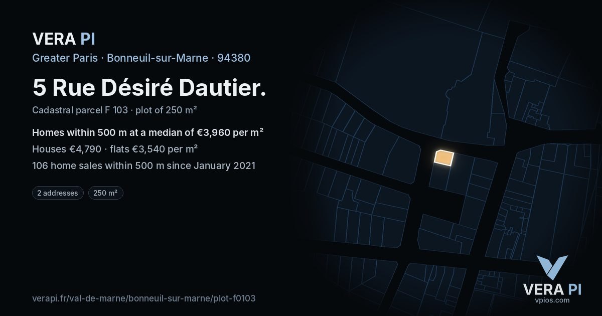5 Rue Désiré Dautier, Bonneuil-sur-Marne at night – the plot lit, the parcels around coloured by the prices near them