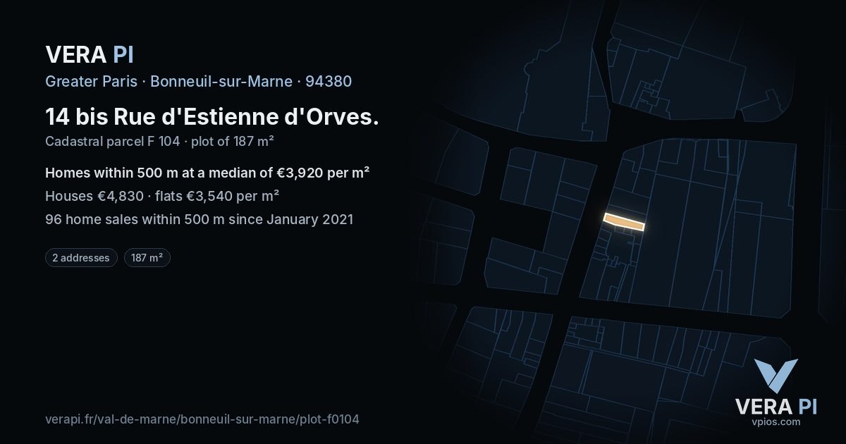 14 bis Rue d'Estienne d'Orves, Bonneuil-sur-Marne at night – the plot lit, the parcels around coloured by the prices near them