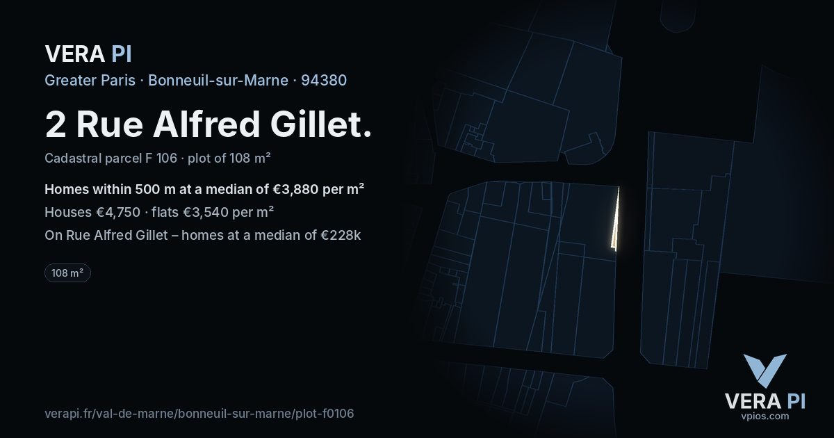 2 Rue Alfred Gillet, Bonneuil-sur-Marne at night – the plot lit, the parcels around coloured by the prices near them