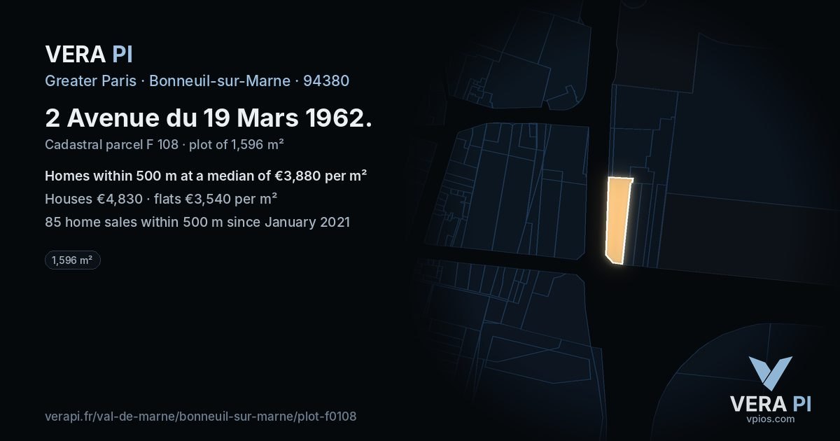 2 Avenue du 19 Mars 1962, Bonneuil-sur-Marne at night – the plot lit, the parcels around coloured by the prices near them