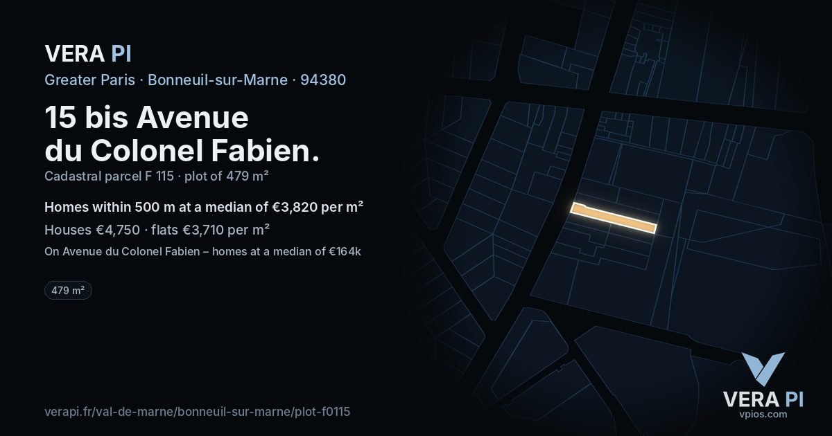 15 bis Avenue du Colonel Fabien, Bonneuil-sur-Marne at night – the plot lit, the parcels around coloured by the prices near them