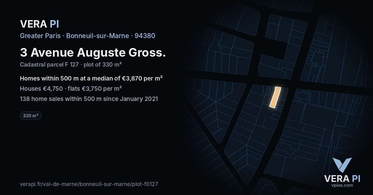 3 Avenue Auguste Gross, Bonneuil-sur-Marne at night – the plot lit, the parcels around coloured by the prices near them