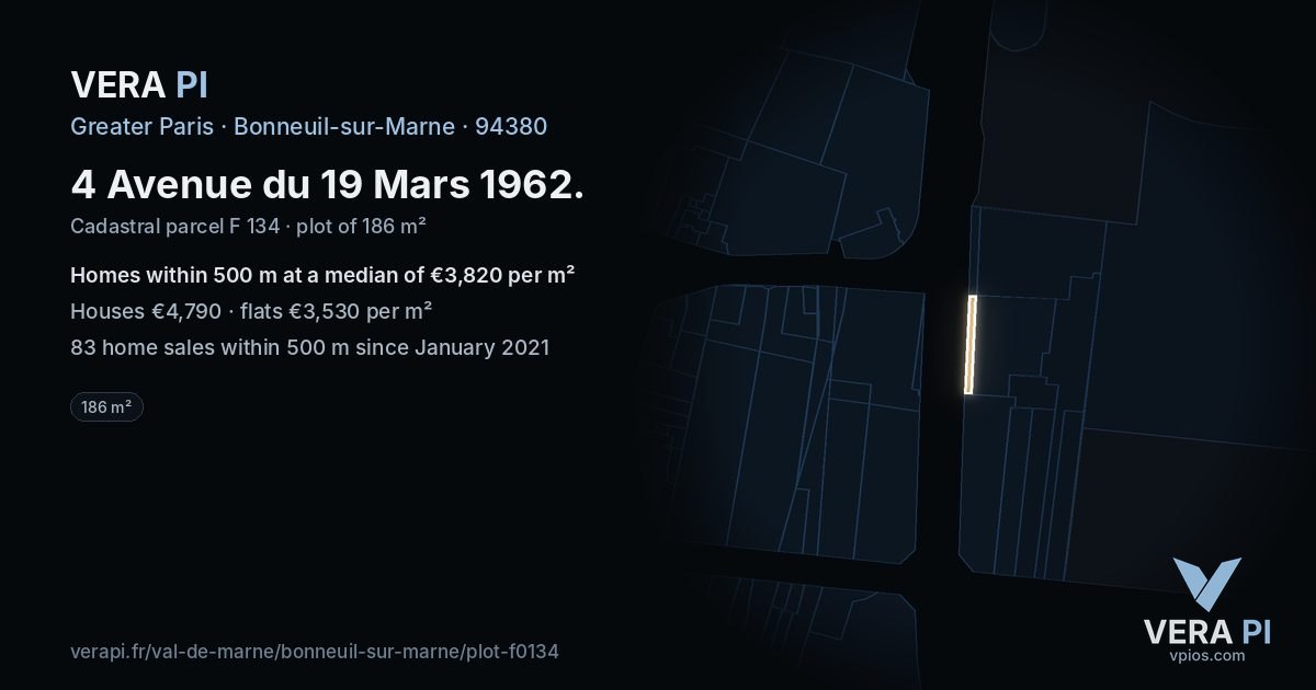 4 Avenue du 19 Mars 1962, Bonneuil-sur-Marne at night – the plot lit, the parcels around coloured by the prices near them