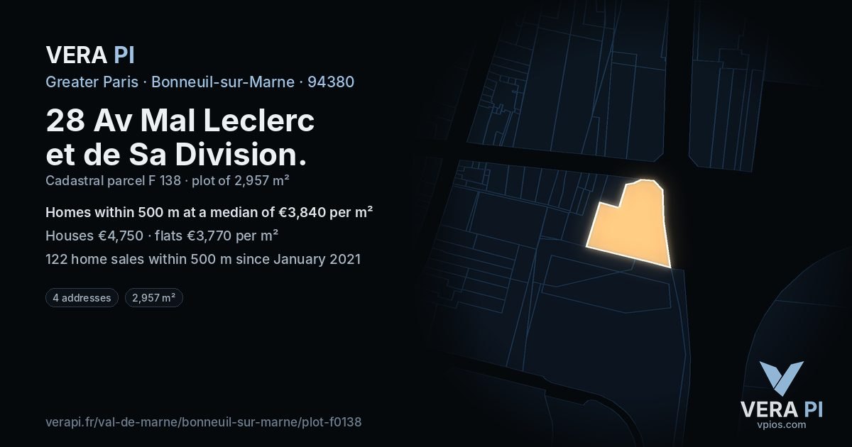 28 Av Mal Leclerc et de Sa Division, Bonneuil-sur-Marne at night – the plot lit, the parcels around coloured by the prices near them