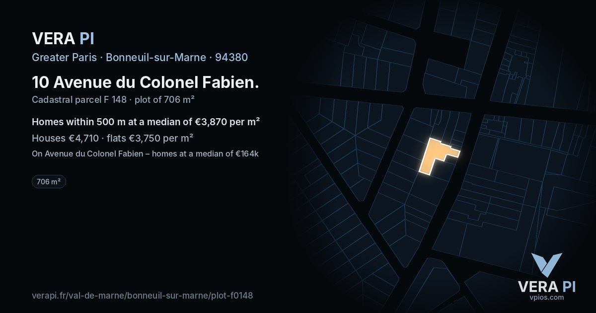 10 Avenue du Colonel Fabien, Bonneuil-sur-Marne at night – the plot lit, the parcels around coloured by the prices near them