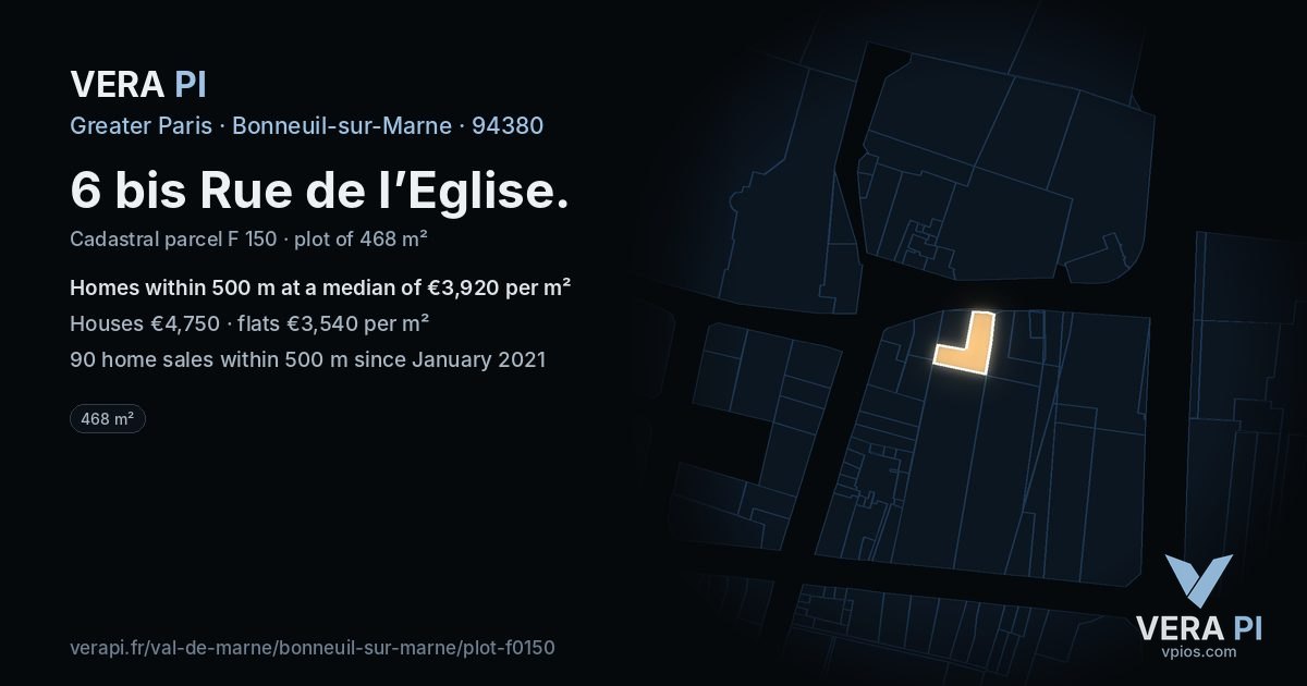 6 bis Rue de l’Eglise, Bonneuil-sur-Marne at night – the plot lit, the parcels around coloured by the prices near them