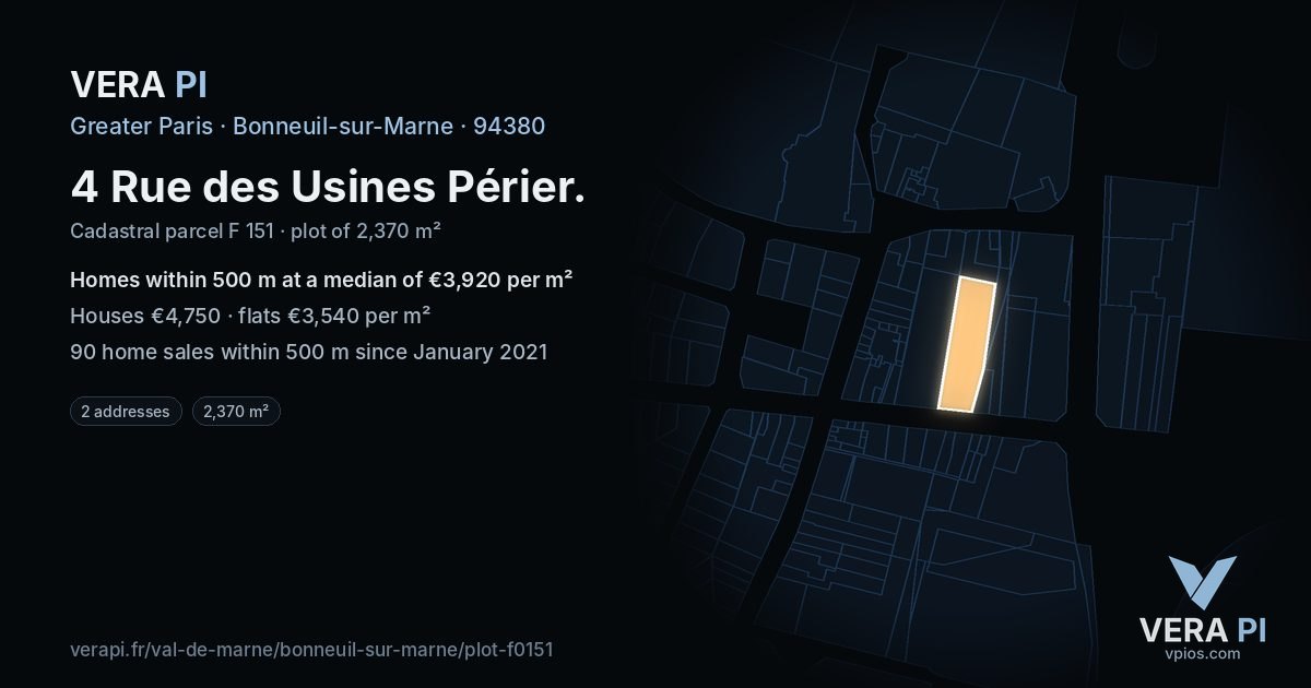 4 Rue des Usines Périer, Bonneuil-sur-Marne at night – the plot lit, the parcels around coloured by the prices near them