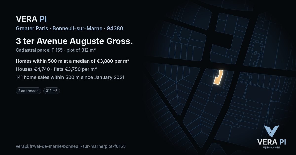3 ter Avenue Auguste Gross, Bonneuil-sur-Marne at night – the plot lit, the parcels around coloured by the prices near them