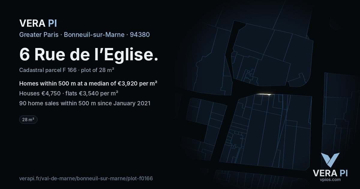 6 Rue de l’Eglise, Bonneuil-sur-Marne at night – the plot lit, the parcels around coloured by the prices near them
