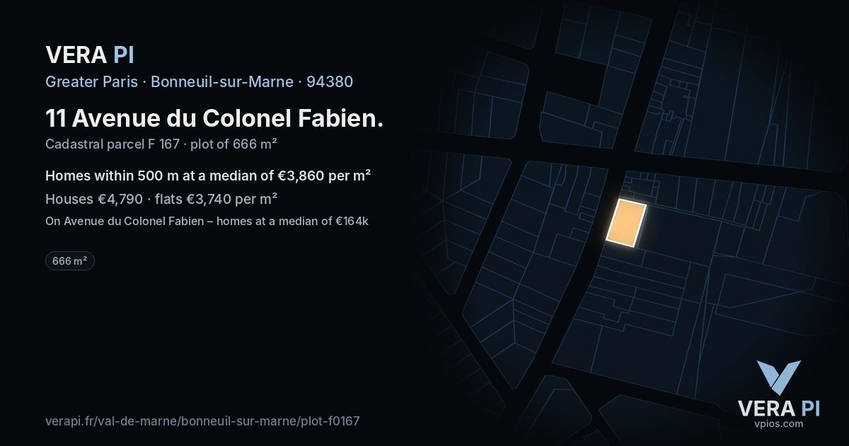 11 Avenue du Colonel Fabien, Bonneuil-sur-Marne at night – the plot lit, the parcels around coloured by the prices near them