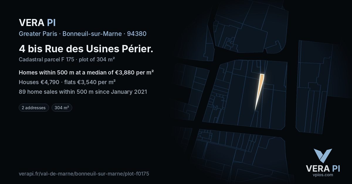 4 bis Rue des Usines Périer, Bonneuil-sur-Marne at night – the plot lit, the parcels around coloured by the prices near them