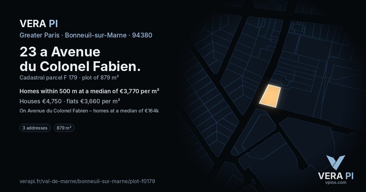 23 a Avenue du Colonel Fabien, Bonneuil-sur-Marne at night – the plot lit, the parcels around coloured by the prices near them