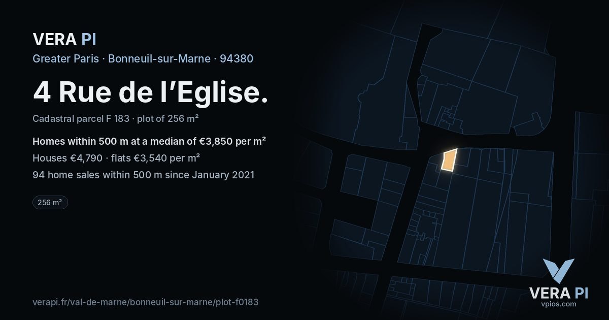 4 Rue de l’Eglise, Bonneuil-sur-Marne at night – the plot lit, the parcels around coloured by the prices near them
