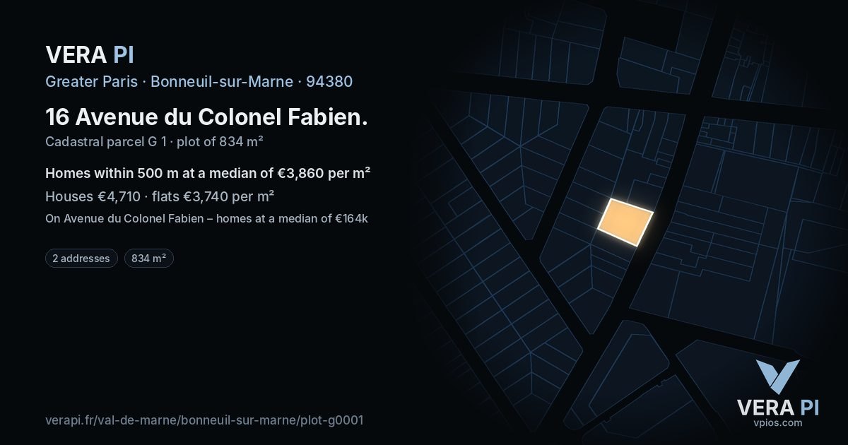16 Avenue du Colonel Fabien, Bonneuil-sur-Marne at night – the plot lit, the parcels around coloured by the prices near them