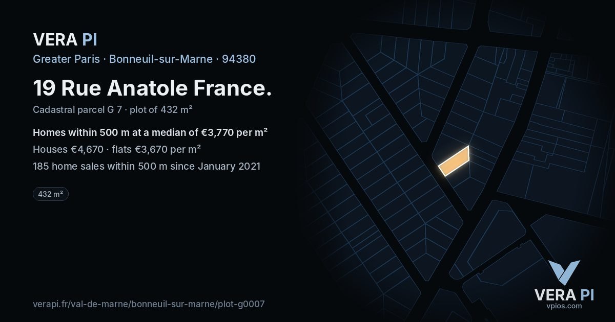 19 Rue Anatole France, Bonneuil-sur-Marne at night – the plot lit, the parcels around coloured by the prices near them