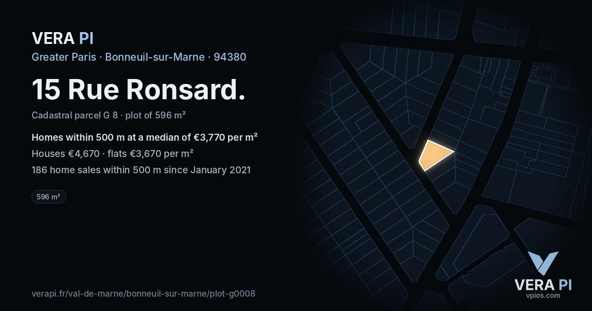 15 Rue Ronsard, Bonneuil-sur-Marne at night – the plot lit, the parcels around coloured by the prices near them
