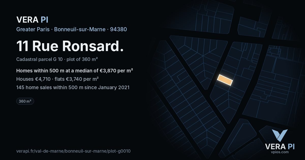 11 Rue Ronsard, Bonneuil-sur-Marne at night – the plot lit, the parcels around coloured by the prices near them