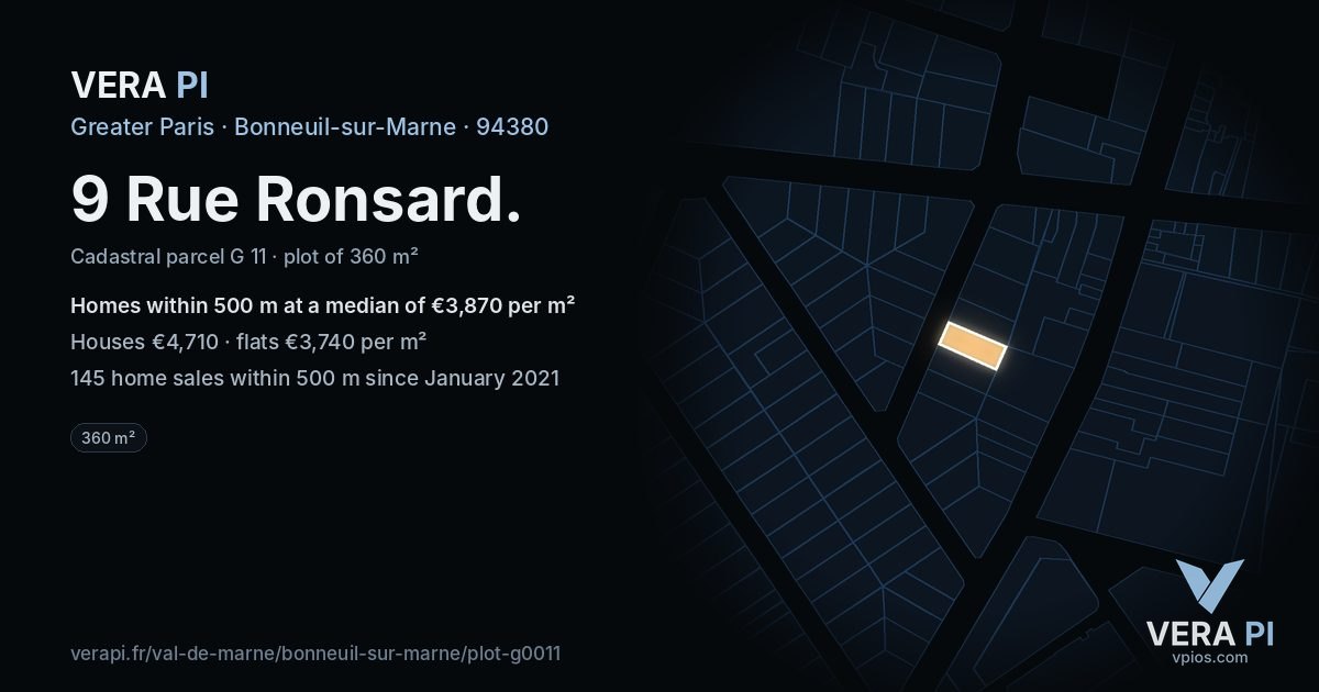 9 Rue Ronsard, Bonneuil-sur-Marne at night – the plot lit, the parcels around coloured by the prices near them