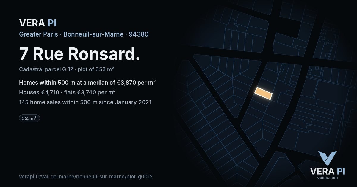 7 Rue Ronsard, Bonneuil-sur-Marne at night – the plot lit, the parcels around coloured by the prices near them