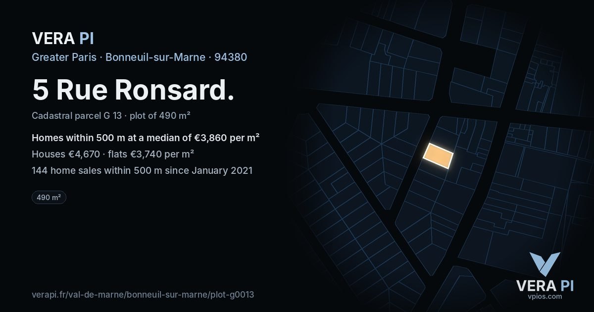 5 Rue Ronsard, Bonneuil-sur-Marne at night – the plot lit, the parcels around coloured by the prices near them
