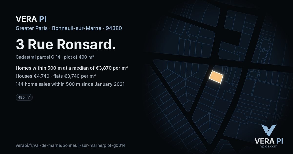 3 Rue Ronsard, Bonneuil-sur-Marne at night – the plot lit, the parcels around coloured by the prices near them