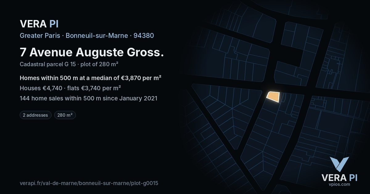 7 Avenue Auguste Gross, Bonneuil-sur-Marne at night – the plot lit, the parcels around coloured by the prices near them