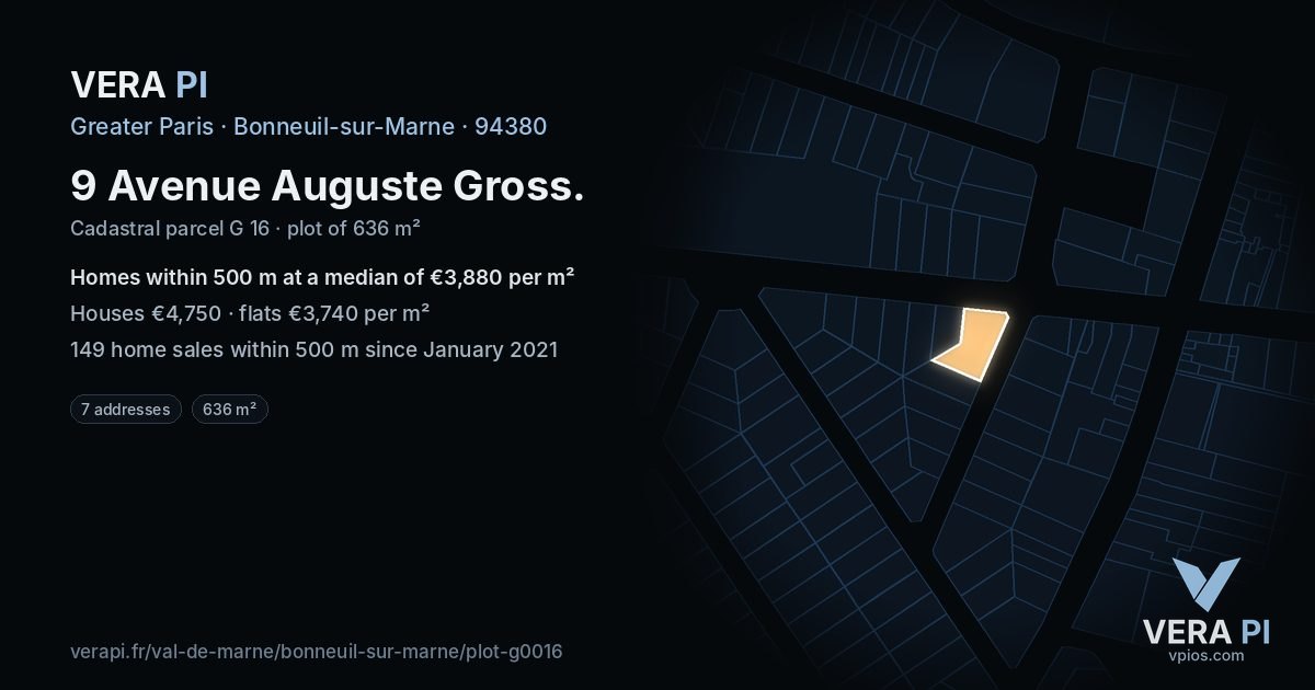 9 Avenue Auguste Gross, Bonneuil-sur-Marne at night – the plot lit, the parcels around coloured by the prices near them
