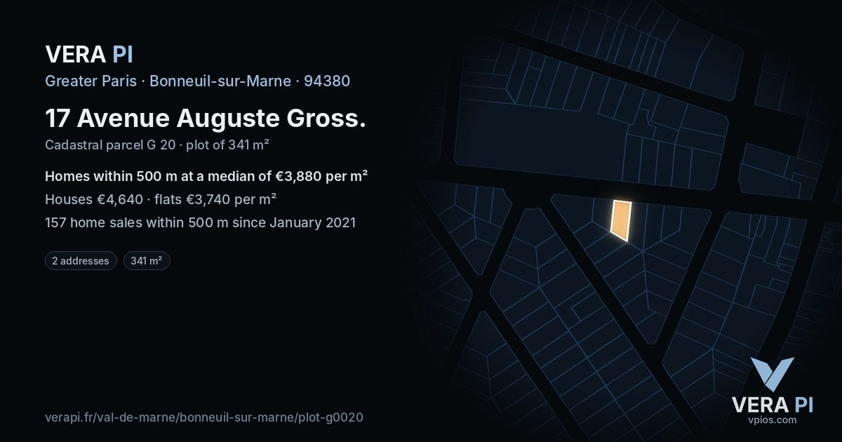 17 Avenue Auguste Gross, Bonneuil-sur-Marne at night – the plot lit, the parcels around coloured by the prices near them