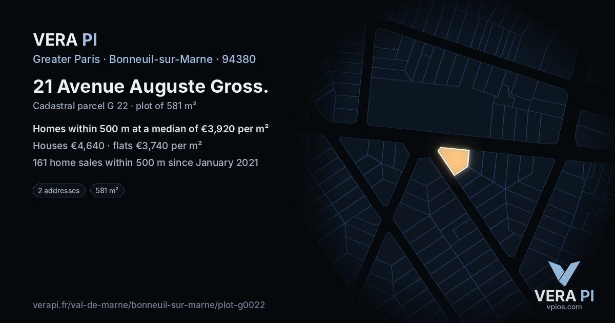 21 Avenue Auguste Gross, Bonneuil-sur-Marne at night – the plot lit, the parcels around coloured by the prices near them