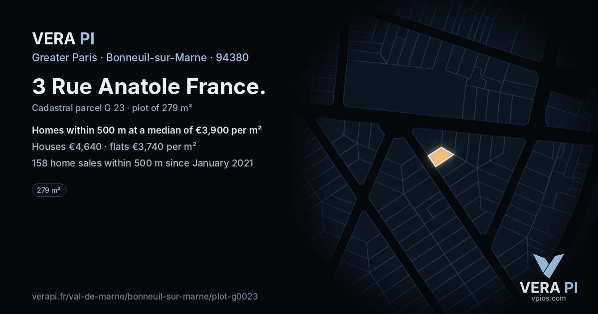 3 Rue Anatole France, Bonneuil-sur-Marne at night – the plot lit, the parcels around coloured by the prices near them