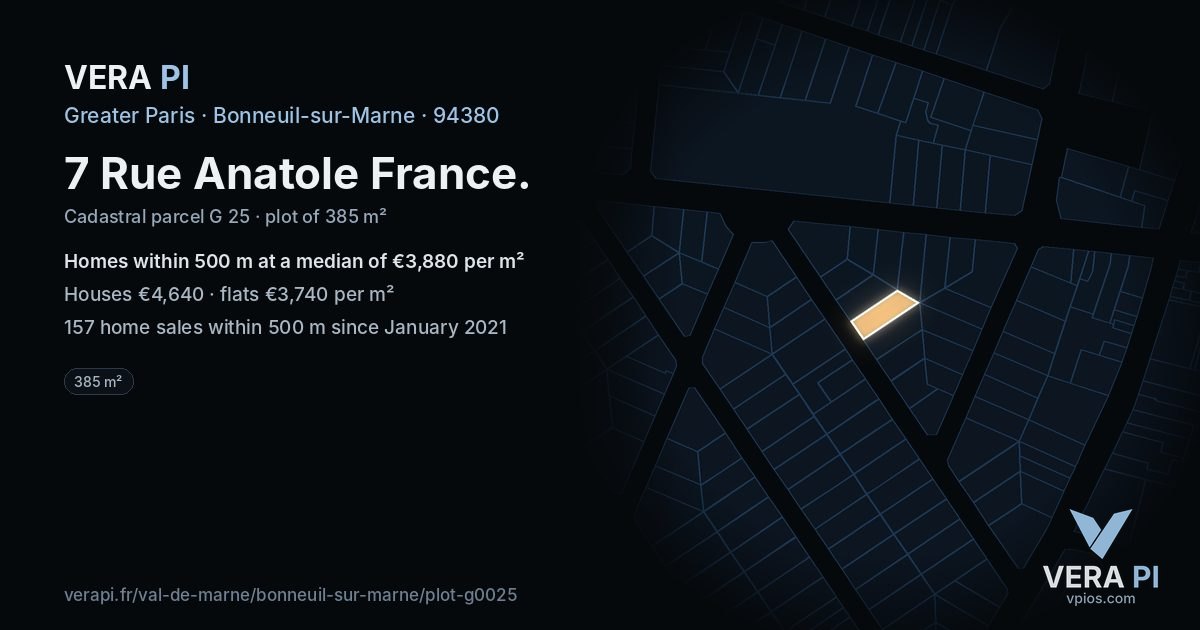 7 Rue Anatole France, Bonneuil-sur-Marne at night – the plot lit, the parcels around coloured by the prices near them
