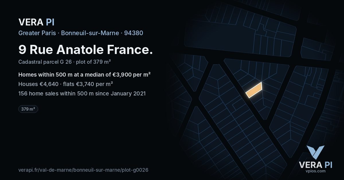 9 Rue Anatole France, Bonneuil-sur-Marne at night – the plot lit, the parcels around coloured by the prices near them