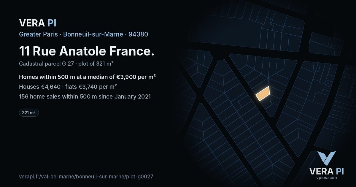 11 Rue Anatole France, Bonneuil-sur-Marne at night – the plot lit, the parcels around coloured by the prices near them