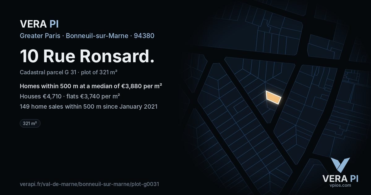 10 Rue Ronsard, Bonneuil-sur-Marne at night – the plot lit, the parcels around coloured by the prices near them