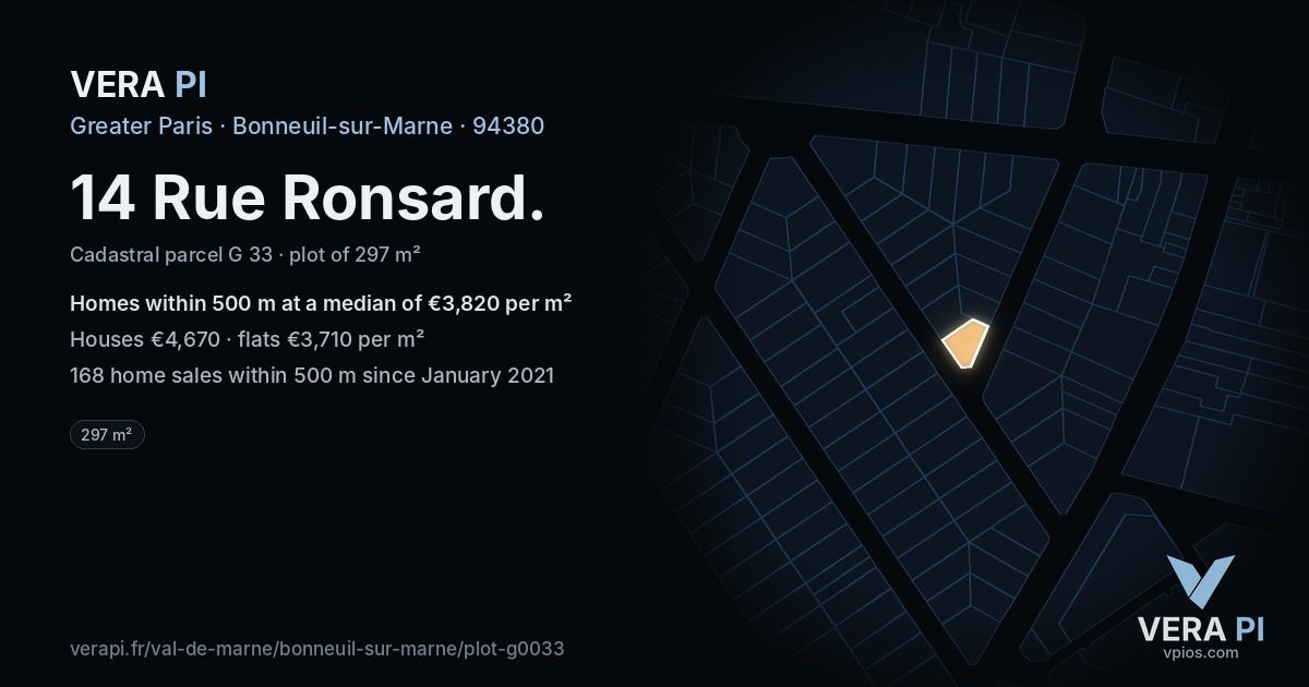 14 Rue Ronsard, Bonneuil-sur-Marne at night – the plot lit, the parcels around coloured by the prices near them