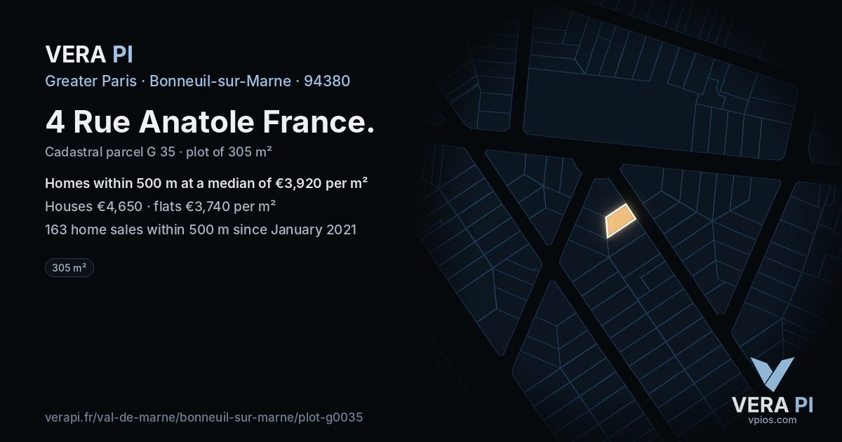 4 Rue Anatole France, Bonneuil-sur-Marne at night – the plot lit, the parcels around coloured by the prices near them