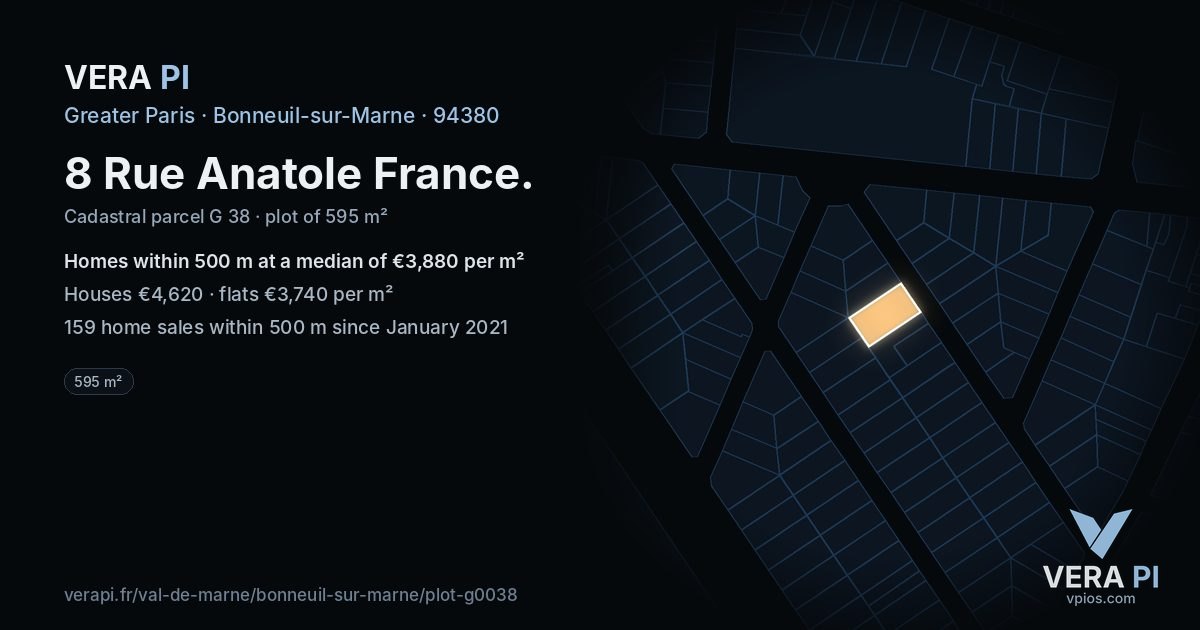 8 Rue Anatole France, Bonneuil-sur-Marne at night – the plot lit, the parcels around coloured by the prices near them