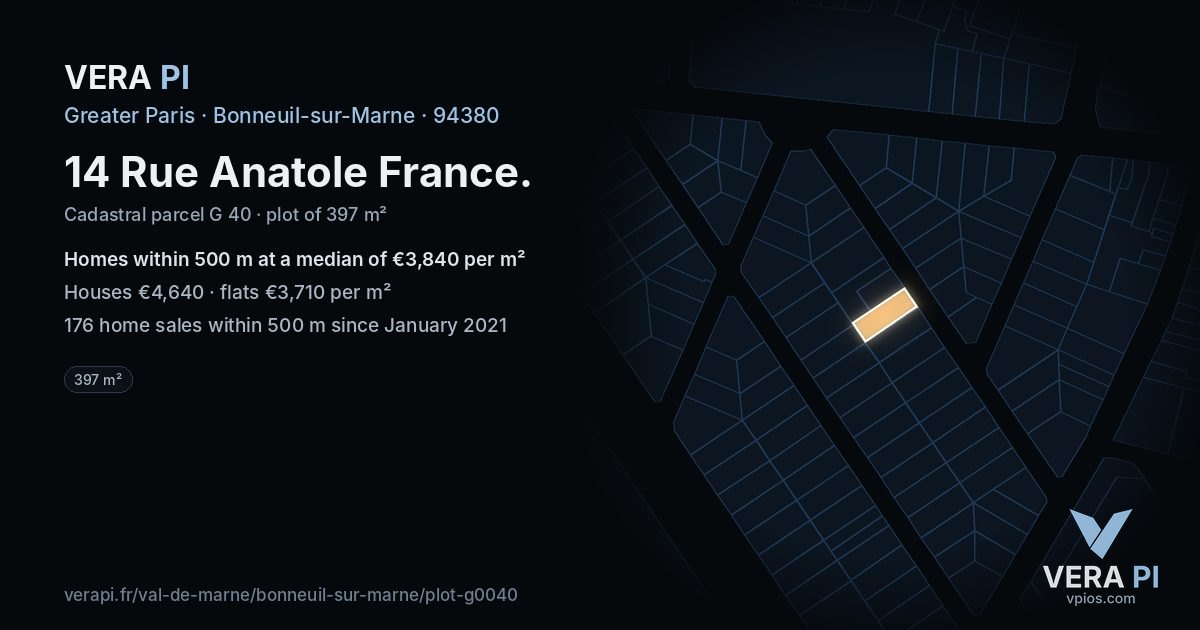 14 Rue Anatole France, Bonneuil-sur-Marne at night – the plot lit, the parcels around coloured by the prices near them